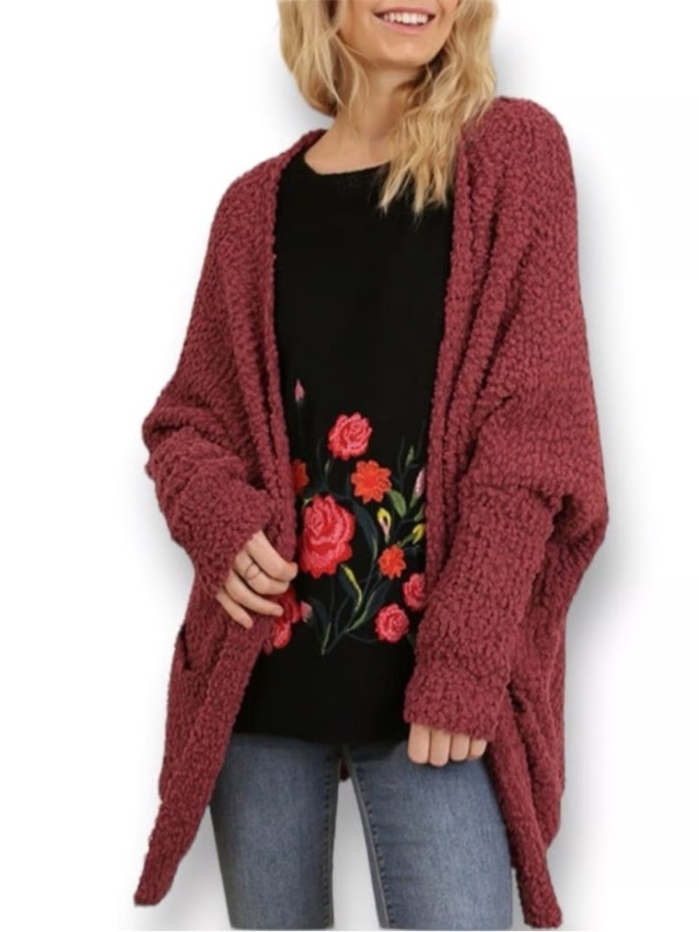 Umgee Oversized Open Front Burgundy Popcorn Knit Cardigan